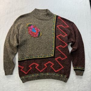 VTG Sweater Womens Medium Geometric 80s 90s Abstract Embroidered Brown Red